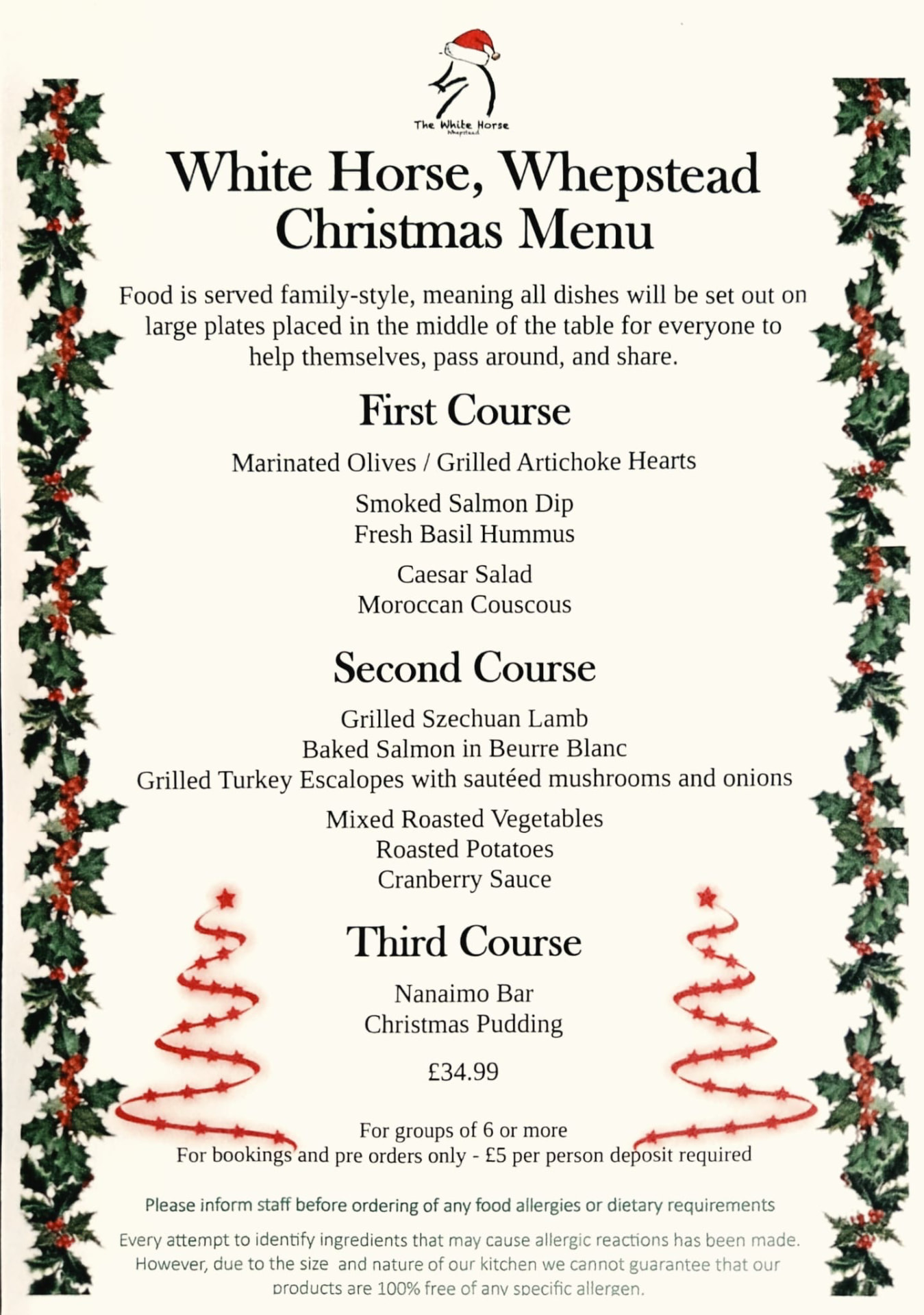 The White Horse Whepstead Christmas menu — three courses for £34.99