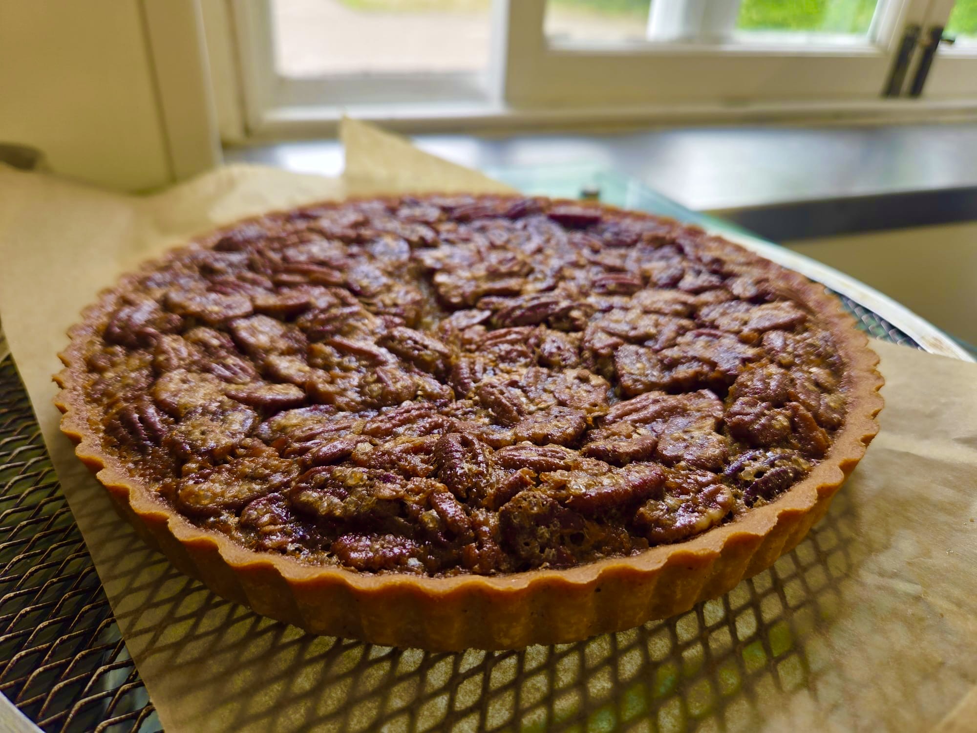 Pecan tart cooling by the kitchen door