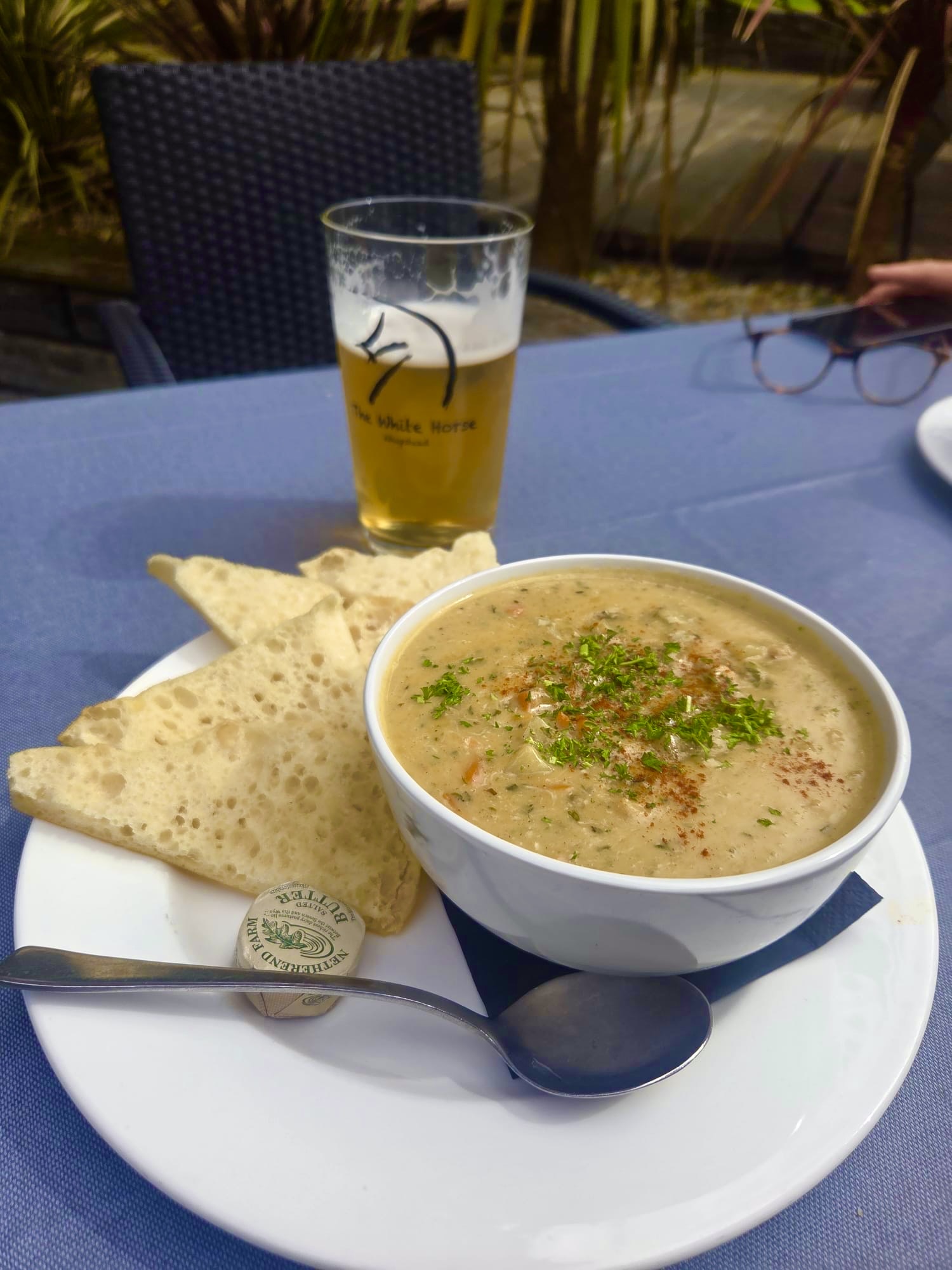 Vancouver style crab chowder with a pint of ale